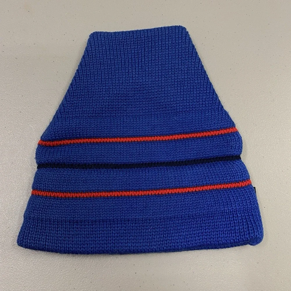 Vintage Smiley Ski Beanie 100% Wool Blue Striped‎ Knit Hat Lycra Headband USA